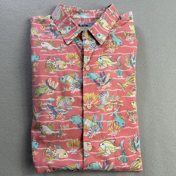 Reyn Spooner Shirt Mens Large Pink Fish Print Hawaiian Button Up Cotton Pocket - Picture 1 of 11